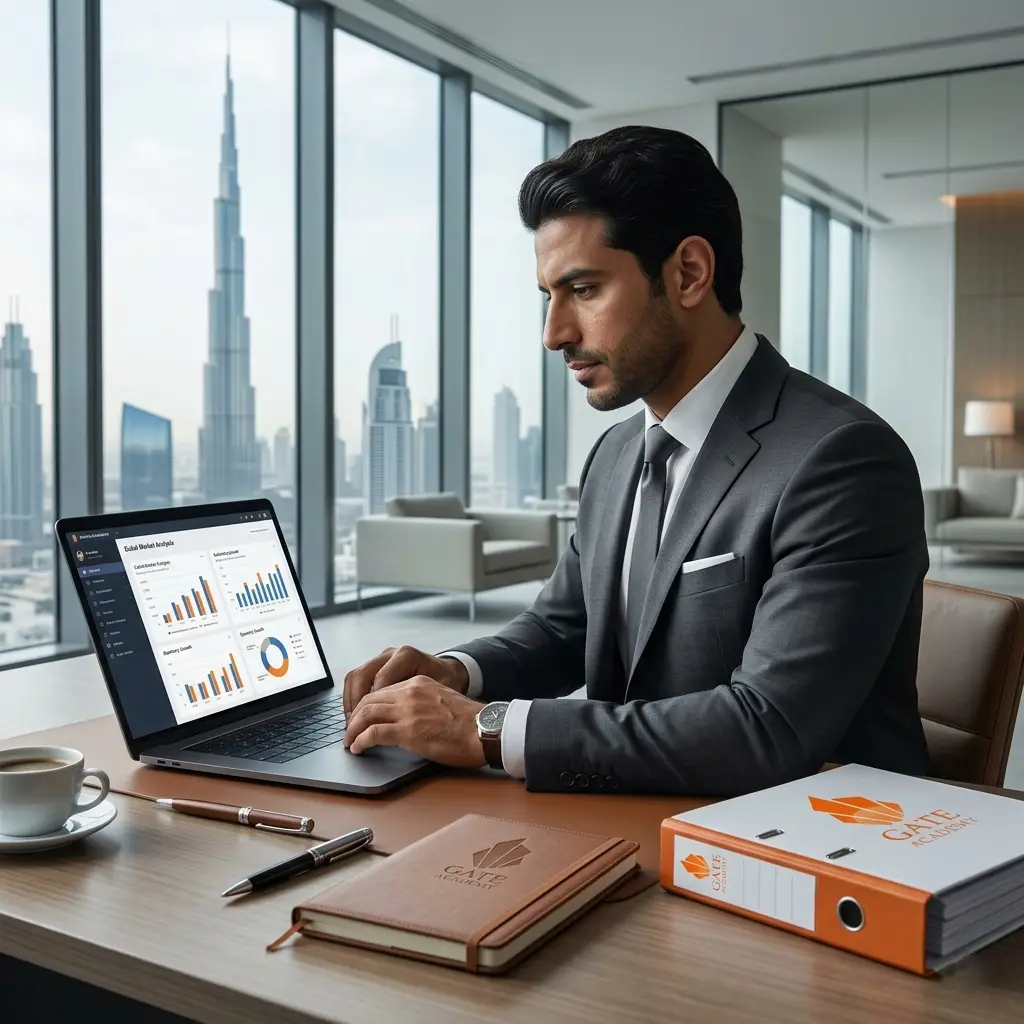  Executive working on laptop in modern Dubai office environment 